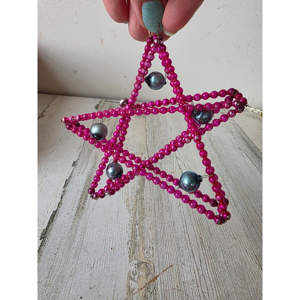 radko ? star shine glass beaded AS IS star ornament Mercury Xmas tree pink blue